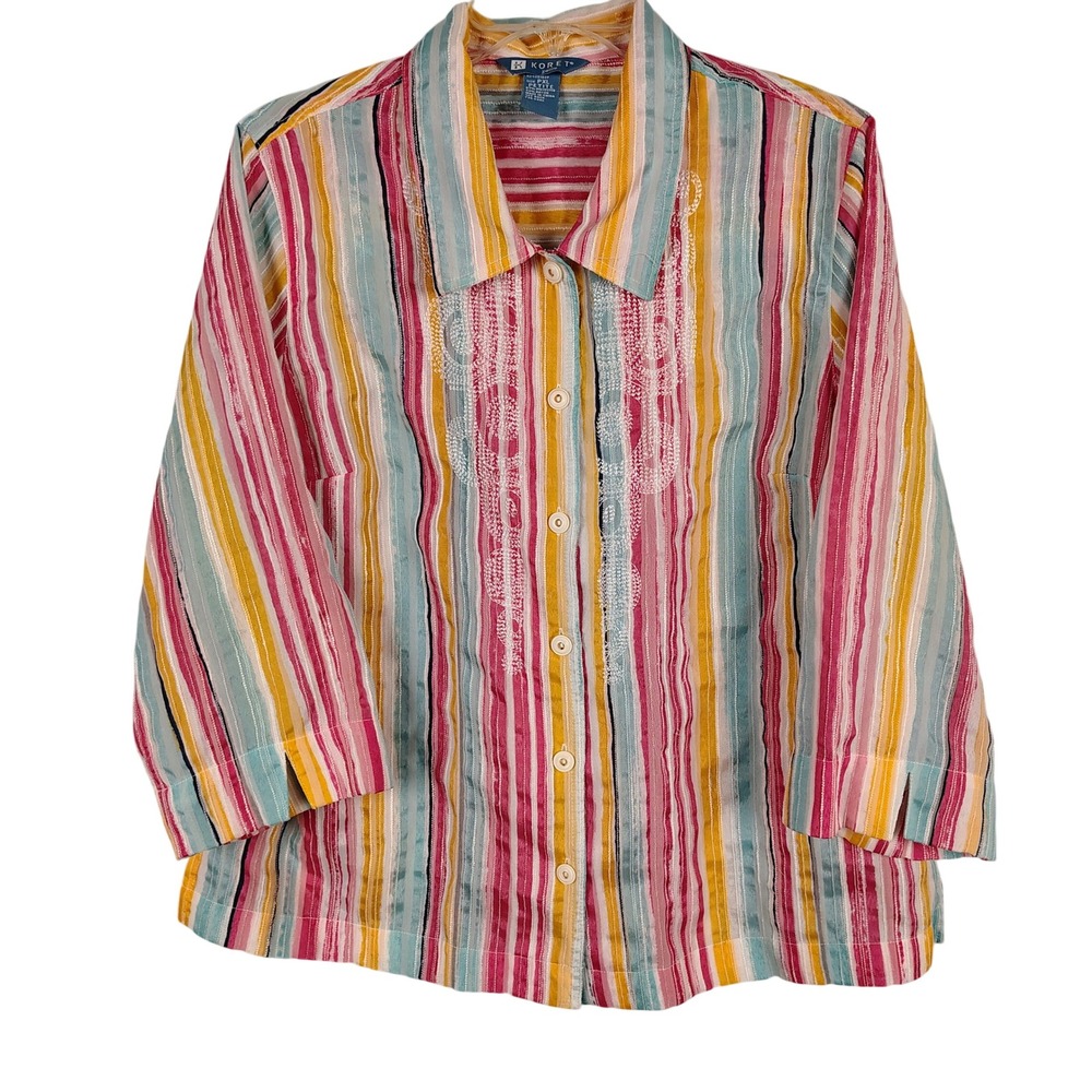 Koret Womens PXL Petite Striped Embroidered Button Down Multicolor Coastal Boho